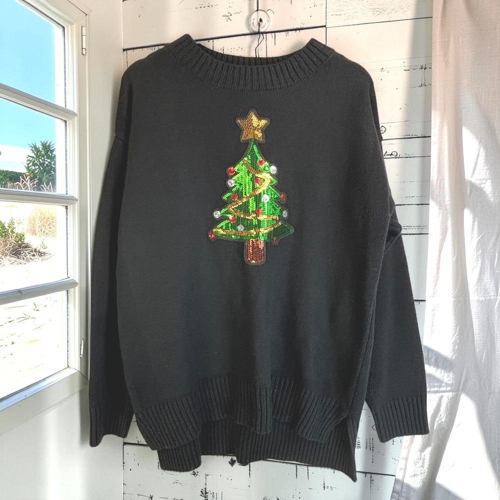 Vintage Sequin Christmas Tree Sweater New York Laundry XXL Black Cotton Ramie